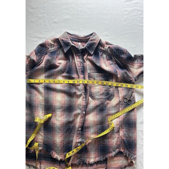 Free‎ People Womens XS Plaid Distressed Stud Longsleeve Button Down Top - Picture 4 of 14
